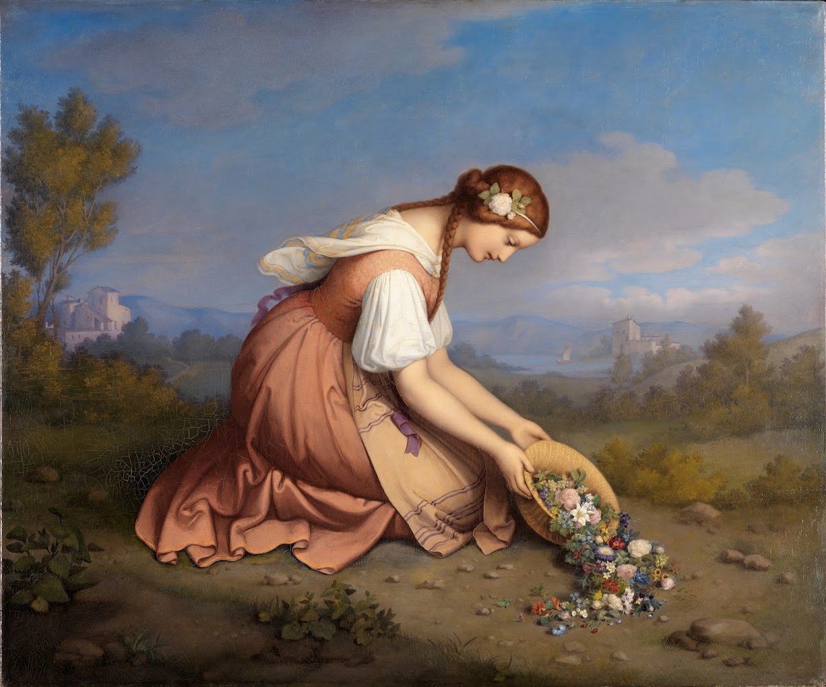 Kneeling girl pouring out a basket of flowers 1841