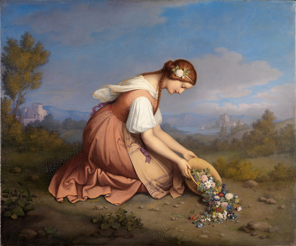 Kneeling girl pouring out a basket of flowers 1841