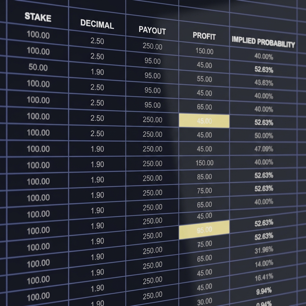 Close up minimalist spreadsheet showing stake decimal payout profit and implied probability columns in Funded Plays style decimal odds calculator on dark background