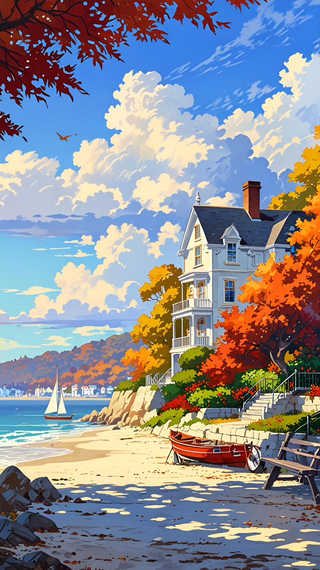 Coastal Autumn House with Sailboat and Red Leaves - Free 4K mobile Wallpaper