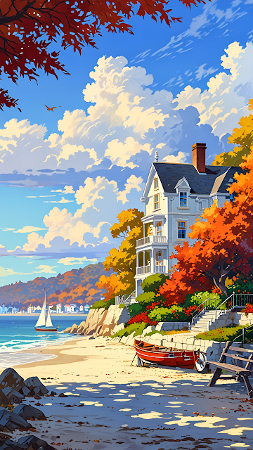Coastal Autumn House with Sailboat and Red Leaves - Free mobile Wallpaper