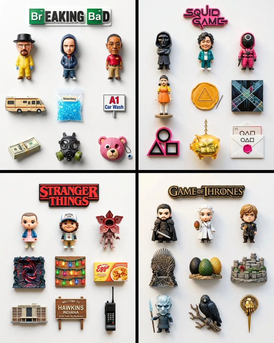 Una colección de exactamente 9 imanes de nevera de resina 3D hiperrealistas dispuestos sobre una superficie blanca mate lisa...