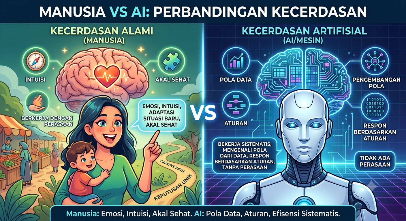 Ilustrasi perbandingan kecerdasan manusia dan mesin