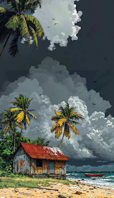 Stormy Tropical Beach Scene with Rustic Shack and Dramatic Clouds - Free mobile Wallpaper