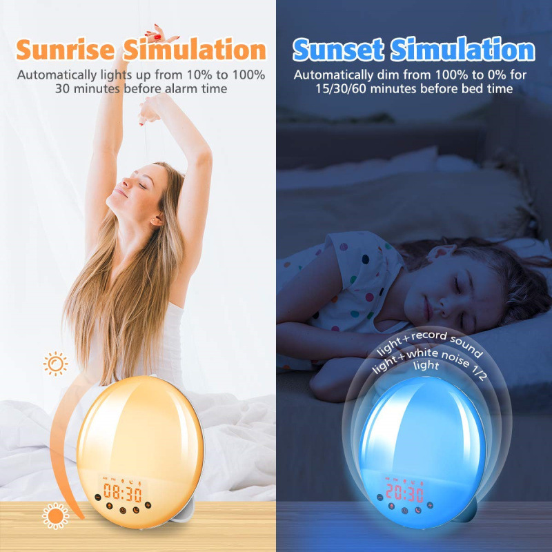 Digital alarm clock with sunrise light and FM radio