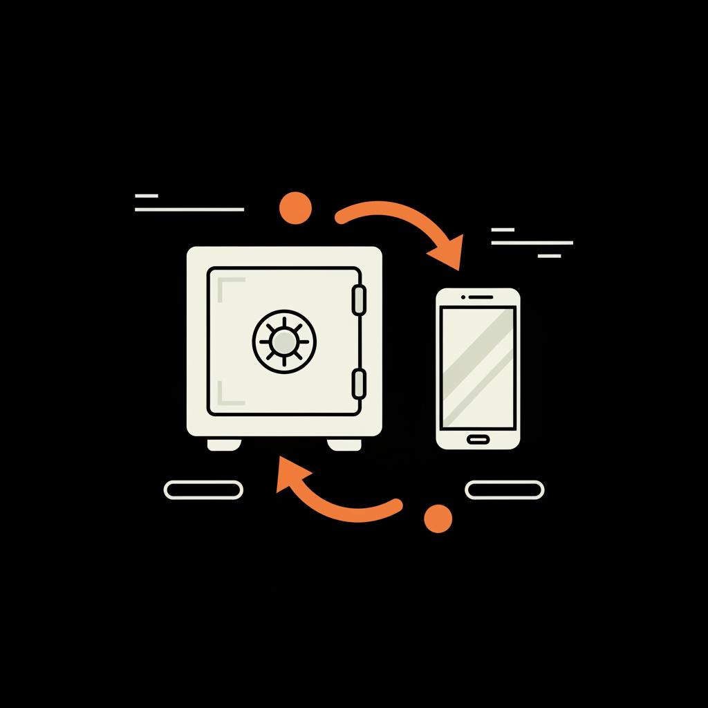 Minimal 2D vector infographic of a vault, smartphone, and cloud sync arrows on a black background illustrating how to find Gmail password on Samsung phone.