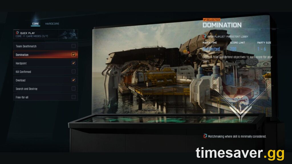 Black Ops 7 game mode select screen with Domination highlighted — capture and hold objectives to earn score