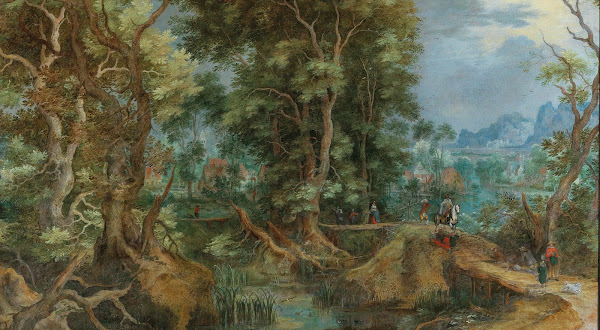 An extensive wooded landscape with a village and a town by the mountains beyond
