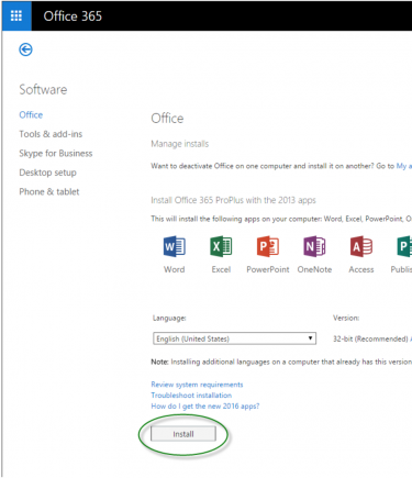 واجهة تثبيت Office 365 مع خيارات اللغة والإصدار
