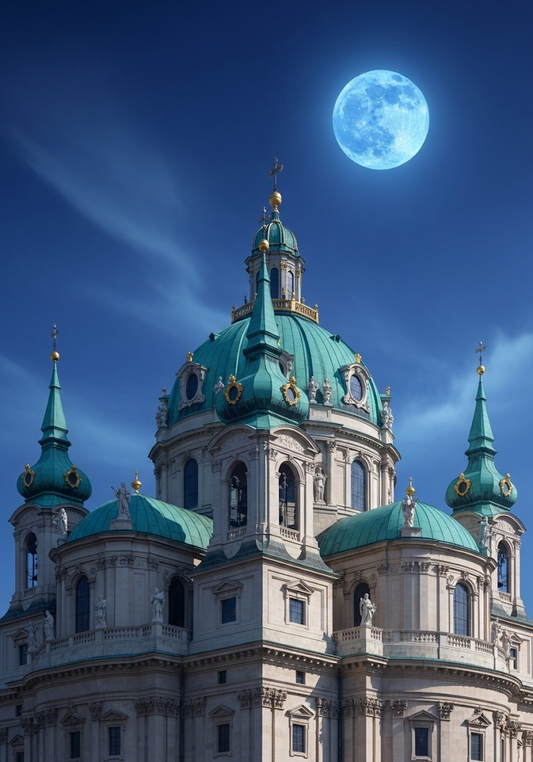 Baroque Cathedral Dome: Blue Moon Night Sky