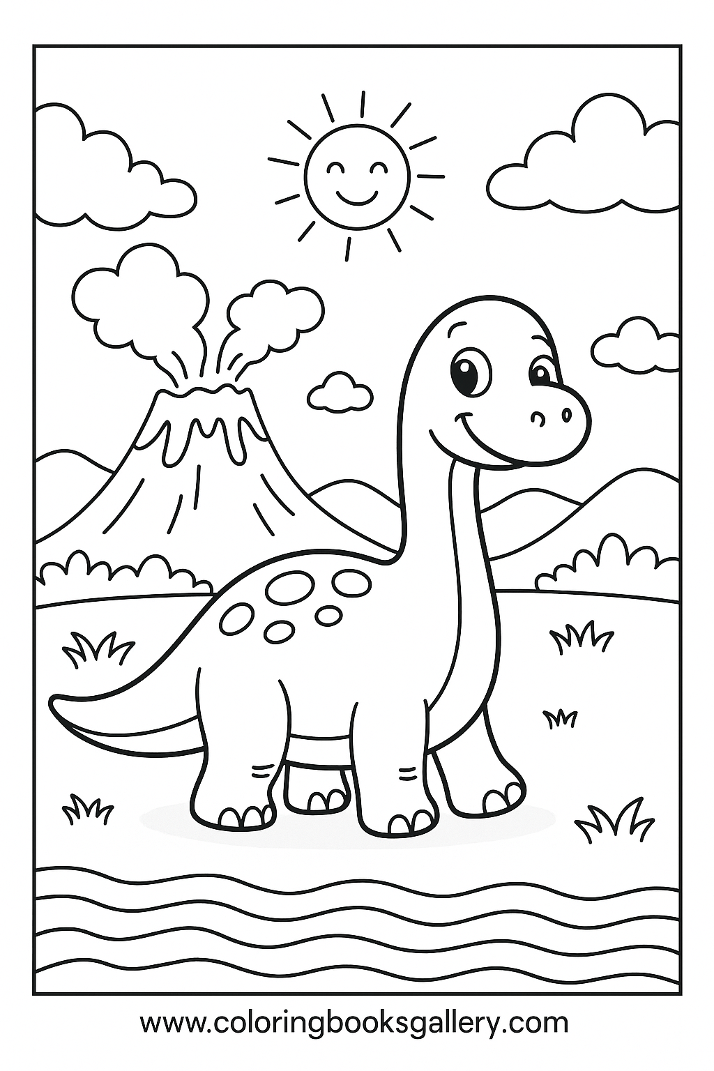 Explore a Cute Brachiosaurus Under the Volcano Sky Coloring Page – free coloring page for kids