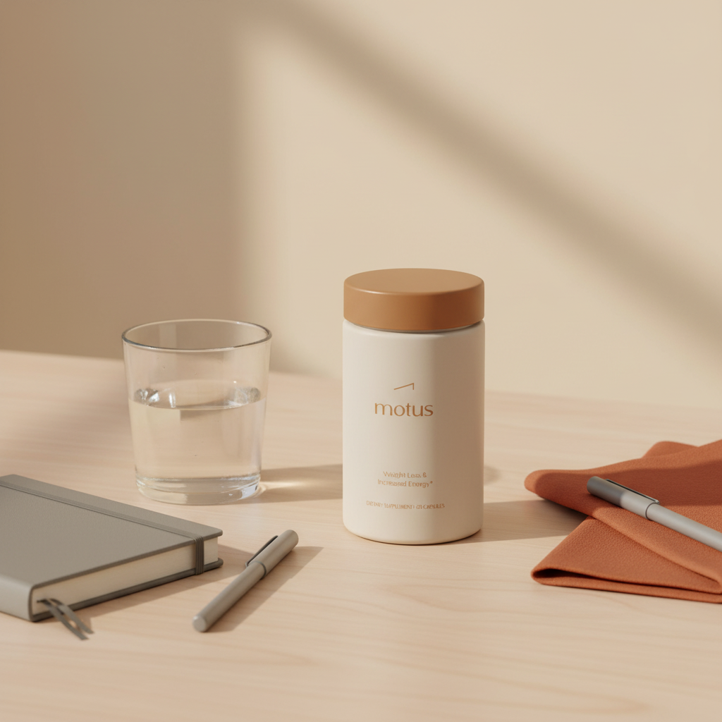 Motus supplement jar on a minimalist kitchen table beside a journal and glass of water illustrating daily habits for what burns the most tummy fat