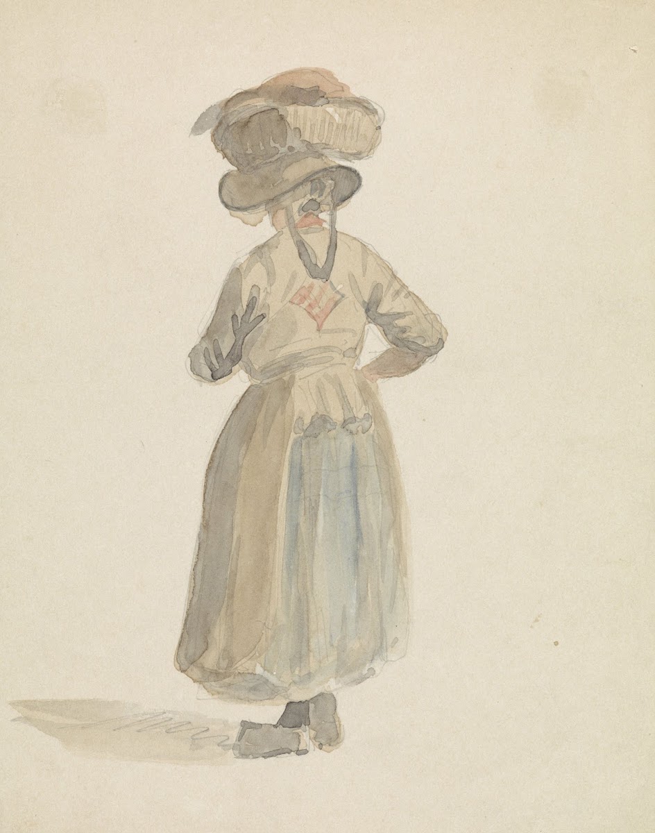 Figuurstudie van een vrouw met een mand op het hoofd van achteren 1828   1897