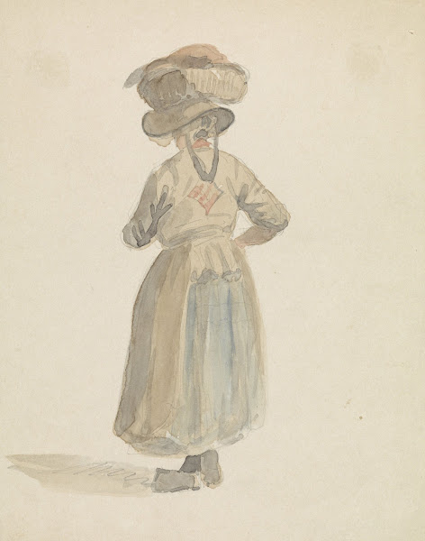 Figuurstudie van een vrouw met een mand op het hoofd van achteren 1828   1897