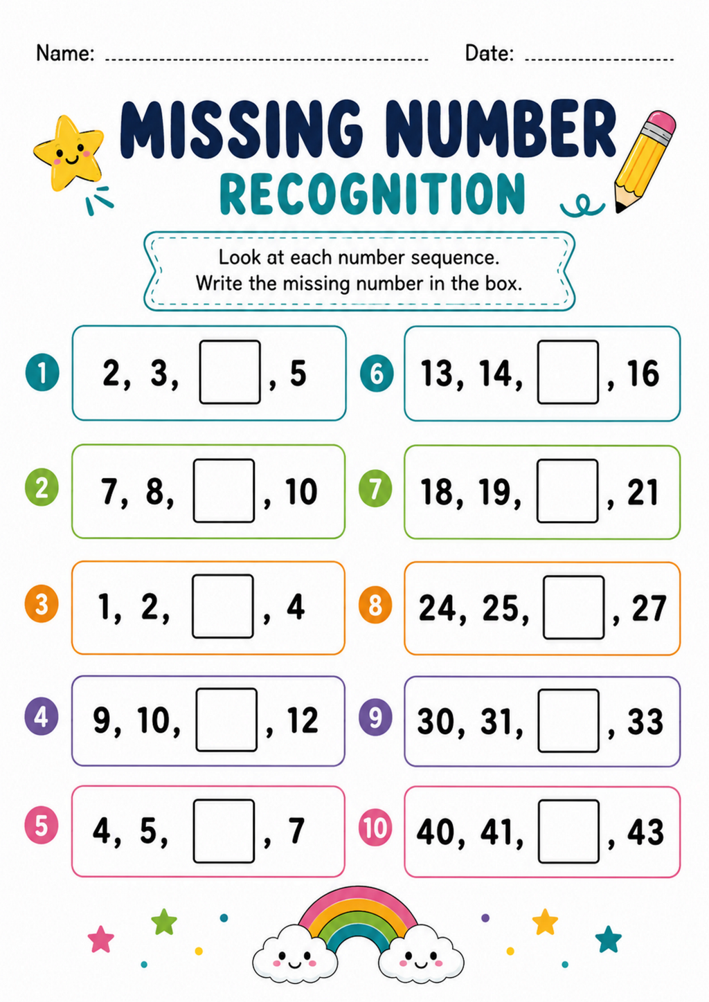 Missing Number Recognition Worksheet