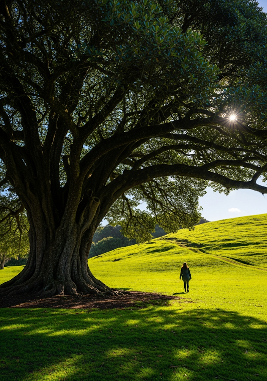Woman Walking Under Ancient Laurel Tree