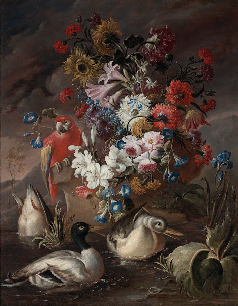 Floral Still Life With A Parrot And Ducks