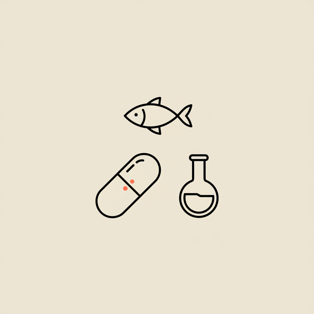 Minimalist line illustration of a fish, capsule, and lab flask arranged on a beige background representing DHA supplements
