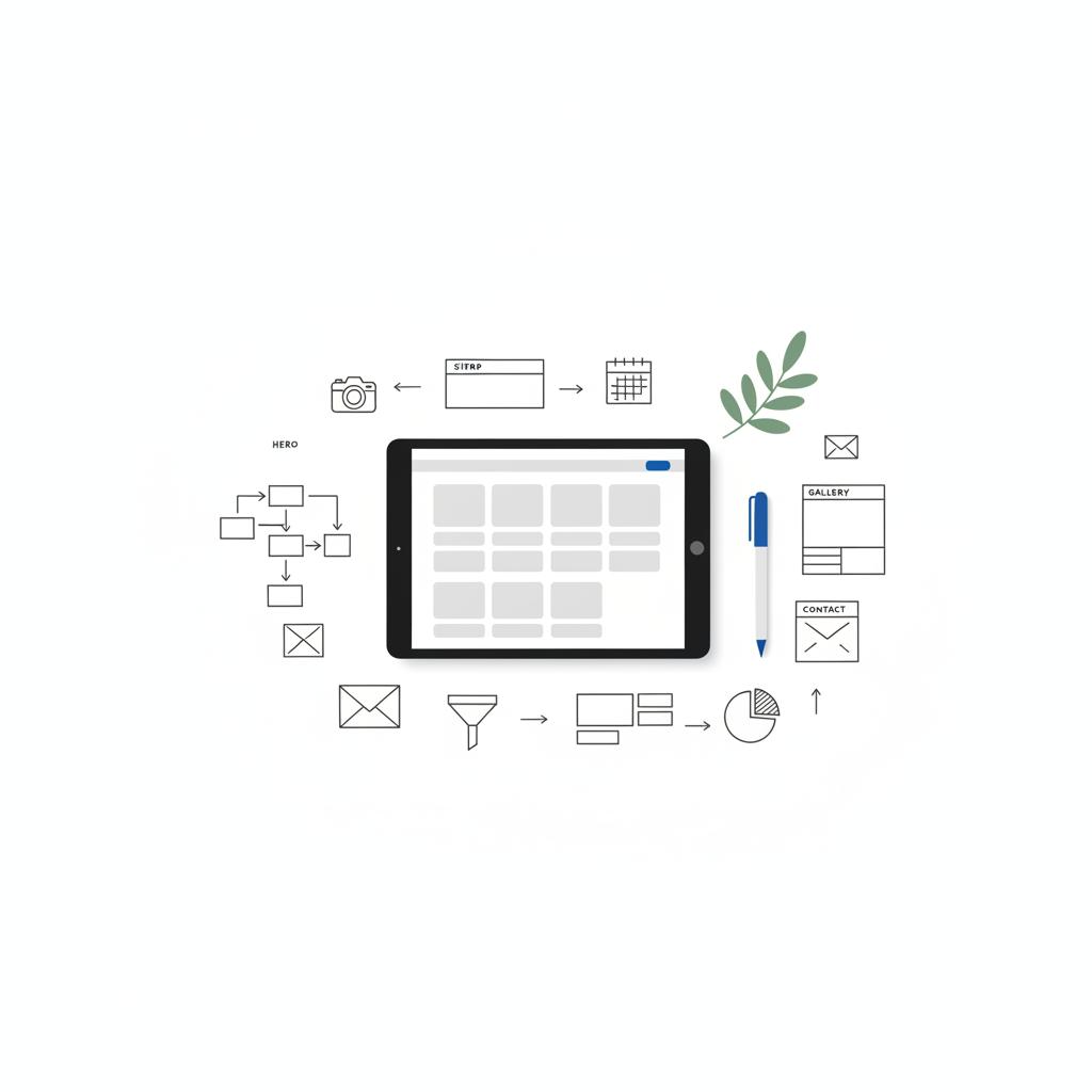 Minimalist 2D vector overhead desk illustration with tablet showing image thumbnails, pen, sprig of greenery, and hand-drawn site-map sketches for a wedding website