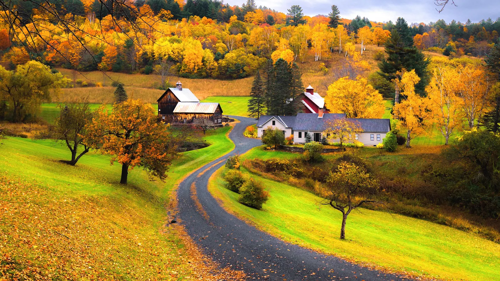 Autumn Farm in the Hills - Landscape Photography 4K Wallpaper (4549x2560)