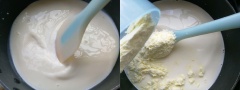 Đổ 500ml sữa tươi vào chảo chống dính sâu lòng rồi thêm 50g đường vào vừa khuấy vừa đun sôi ở lửa nhỏ. Dùng phới dẹt để khuấy đều. Tiếp đó cho 30g sữa bột nguyên kem vào cùng muối rồi trộn thật đều. Nhớ khuấy đều để sữa không bị vón cục. Đun trên lửa nhỏ, thỉnh thoảng khuấy đều lên.Tiếp tục đun đến khi thấy sữa sánh lại là được rồi đó. Để sữa nguội rồi cho vào hũ thủy tinh bảo quản lạnh dùng dần.