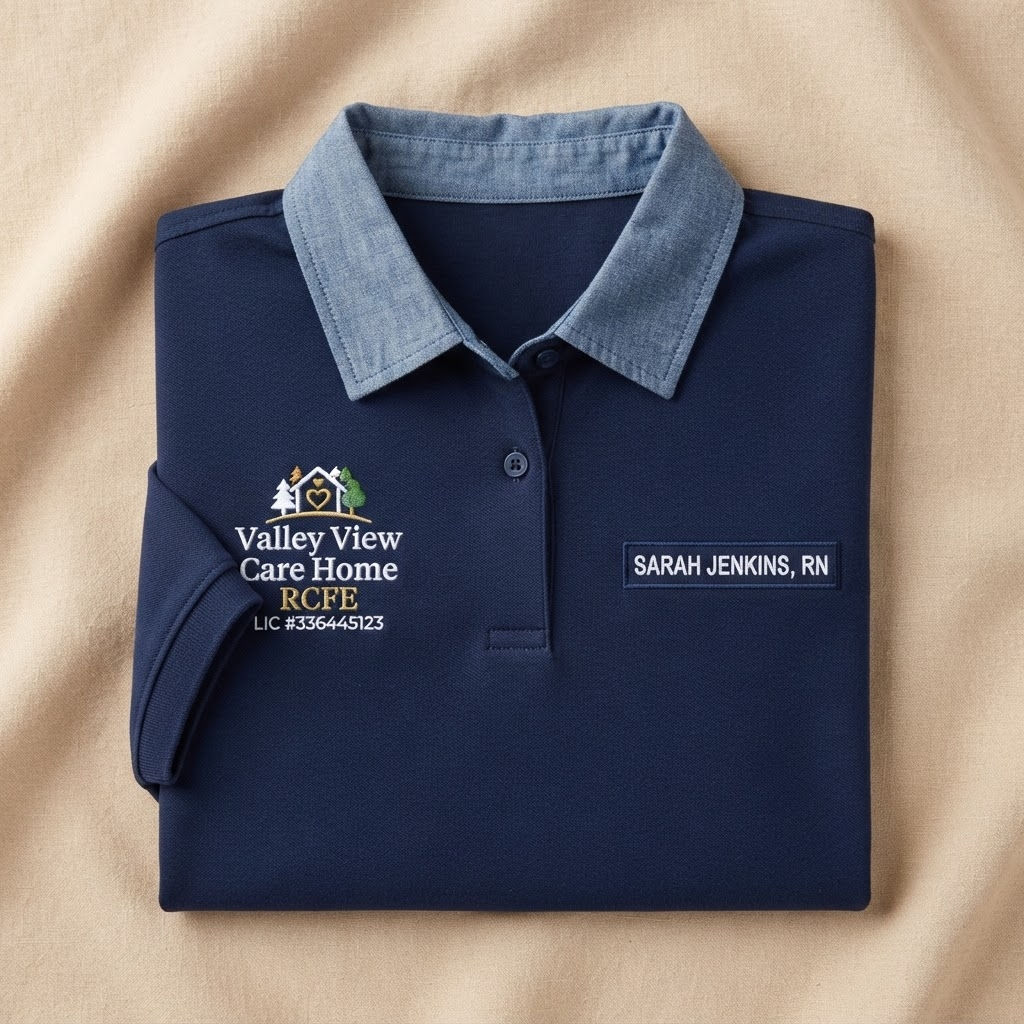 Navy blue embroidered polo shirt with Valley View Care Home RCFE logo and caregiver name stitching