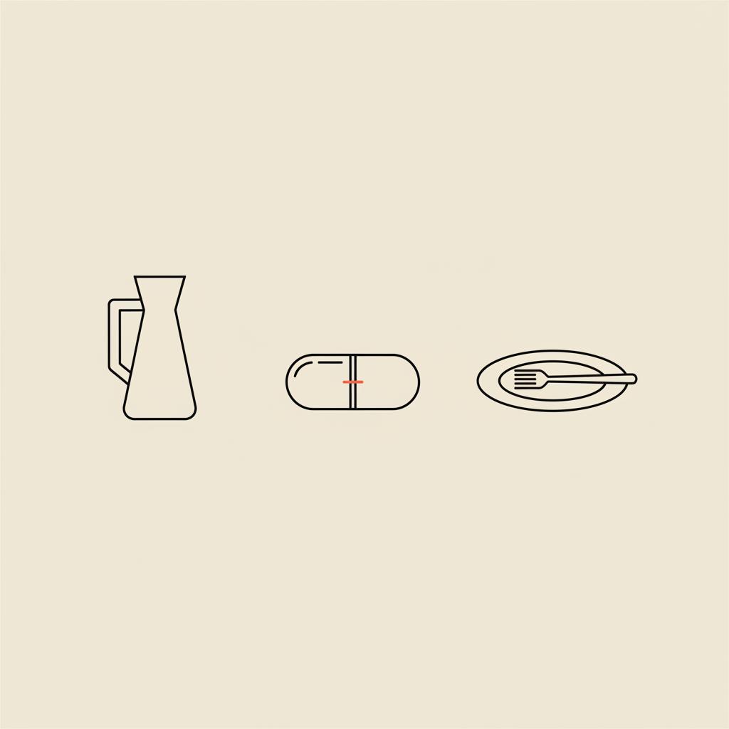 Minimal Tonum-style line illustration of a water carafe, a capsule, and a small plate with a fork on beige background — can i drop 10 pounds in 3 days