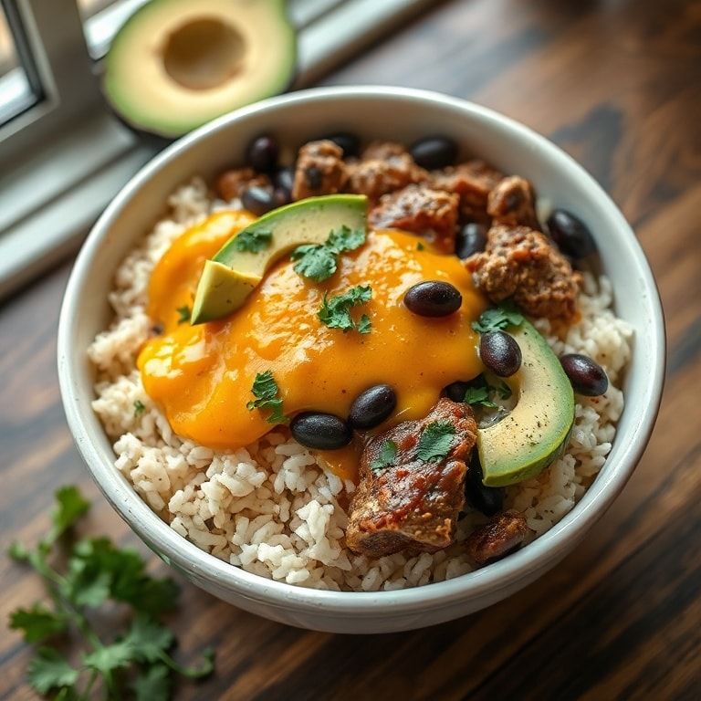 Easy Steak Queso Rice Bowl with Black Beans and Avocado – Quick & Delicious Dinner