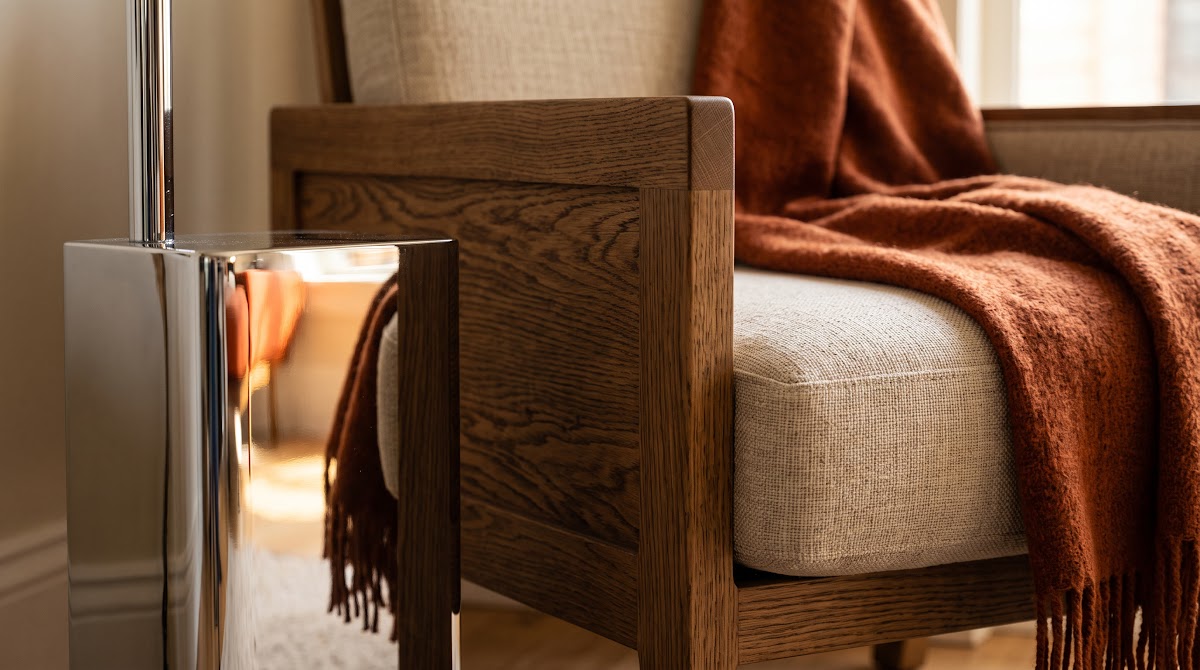 How to Make a Small Living Room Feel Bigger With Chrome Side Tables - chrome detail beside warm wood grain and textured fabric
