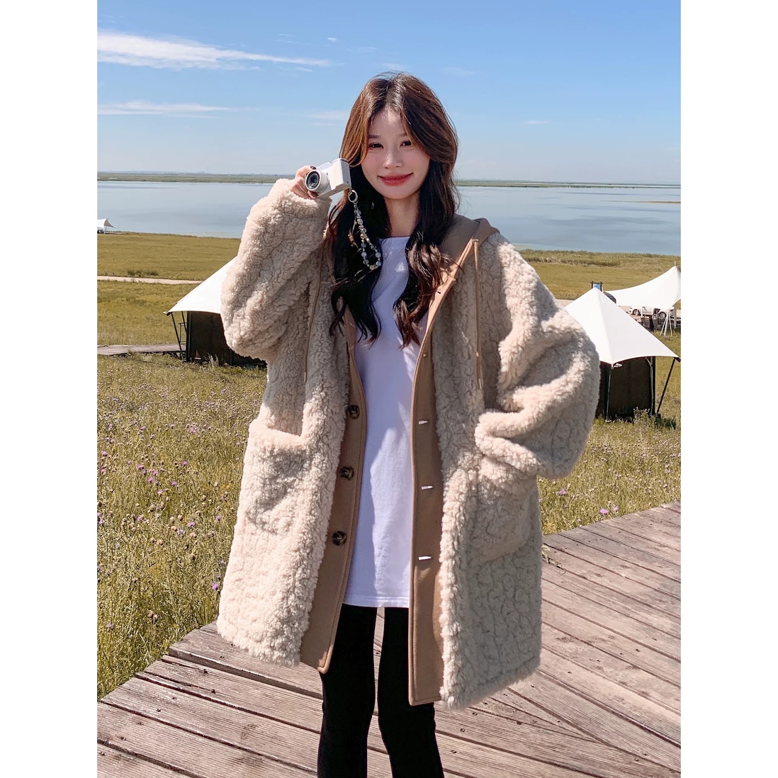 Women's Faux Sheepskin Coat, Mid-Length, Lined