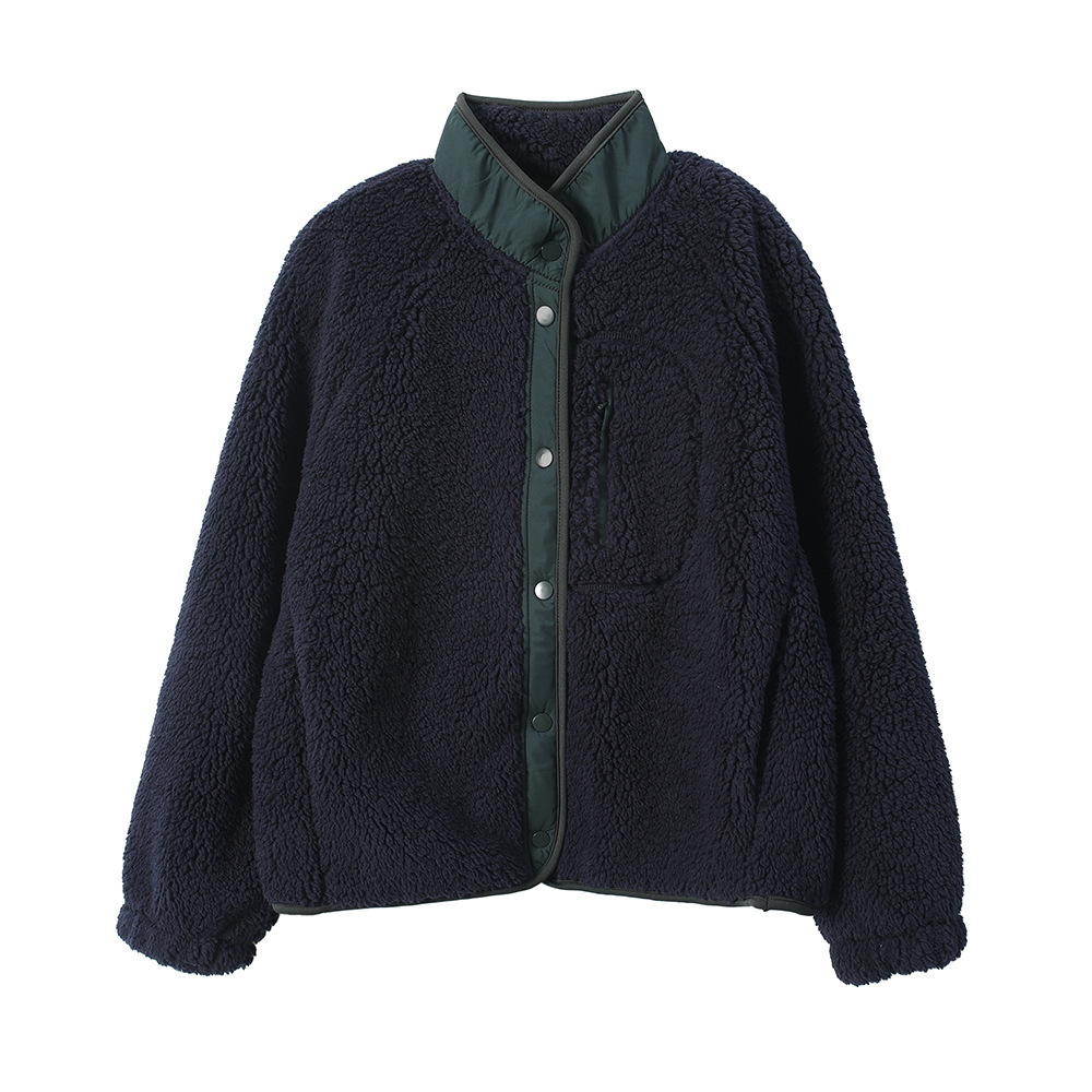 Lined fleece jacket with lamb's wool look and stand-up collar
