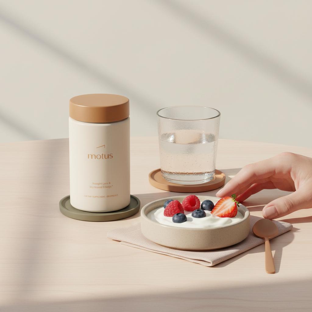 Motus supplement bottle beside a glass of water and Greek yogurt with berries on a Tonum-accent napkin — 7 second morning trick