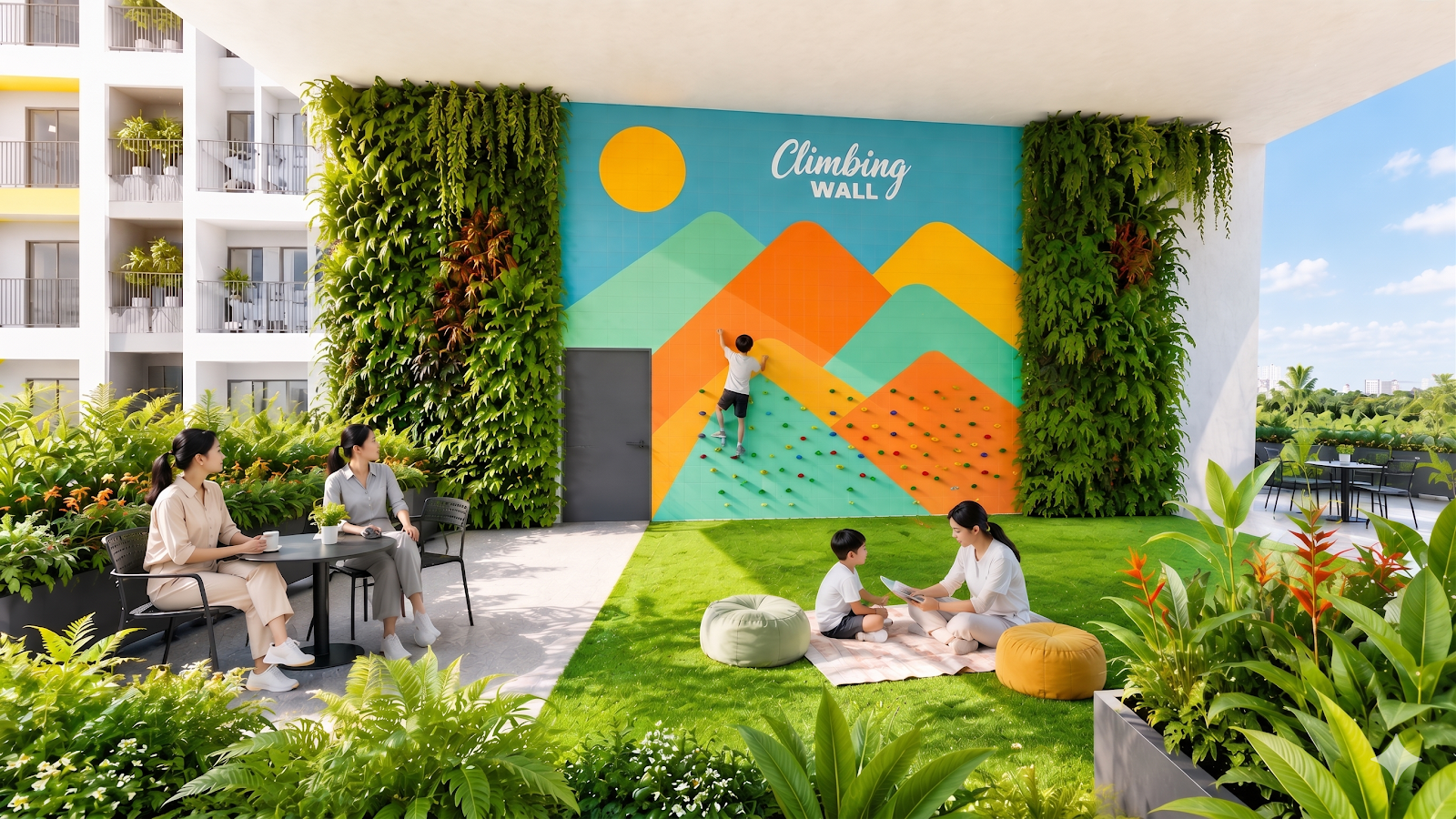 Tường leo núi trẻ em và sân cỏ sinh hoạt gia đình Bcons NewSky