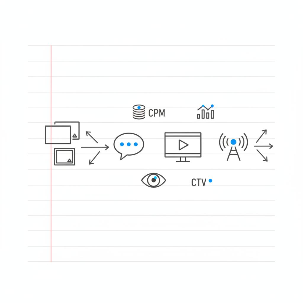 Close-up vector sketch of a media planning flow for a 15-second ad showing arrows from creative assets to channels (social, CTV, radio) with metric pictograms (coins, eye, bars)