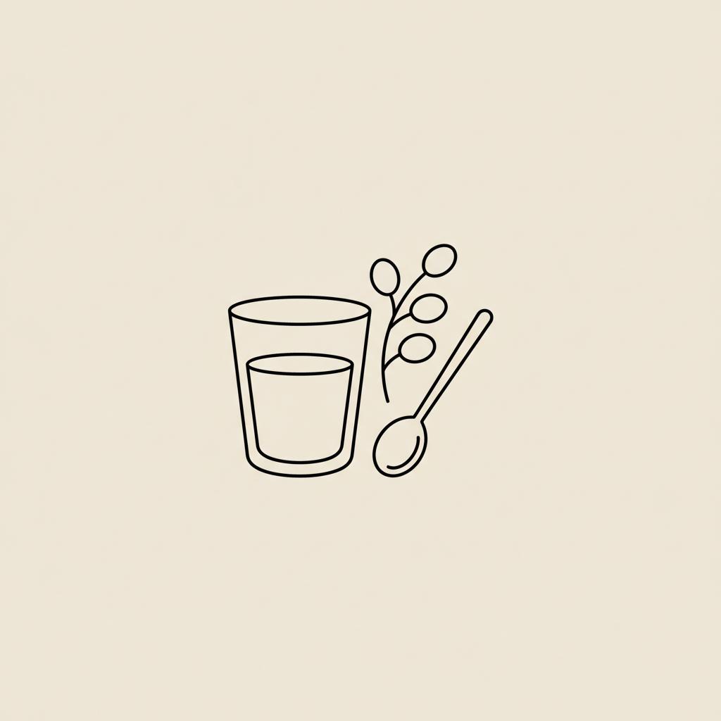 Minimal Tonum-style line illustration of a glass of water, spoon, and psyllium sprig on a beige background — metamucil for weight loss