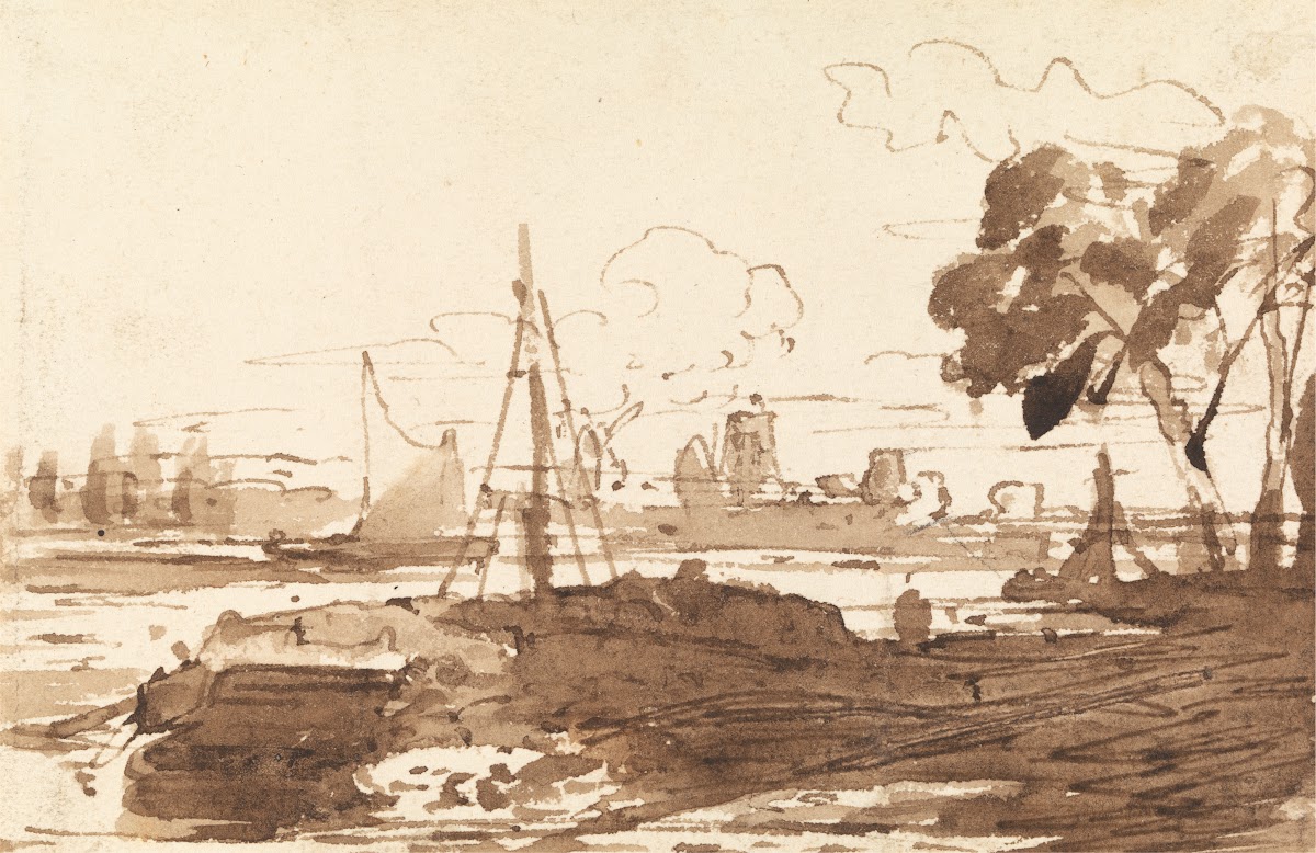 Ships on a River with Buildings in the Distance ca 1830