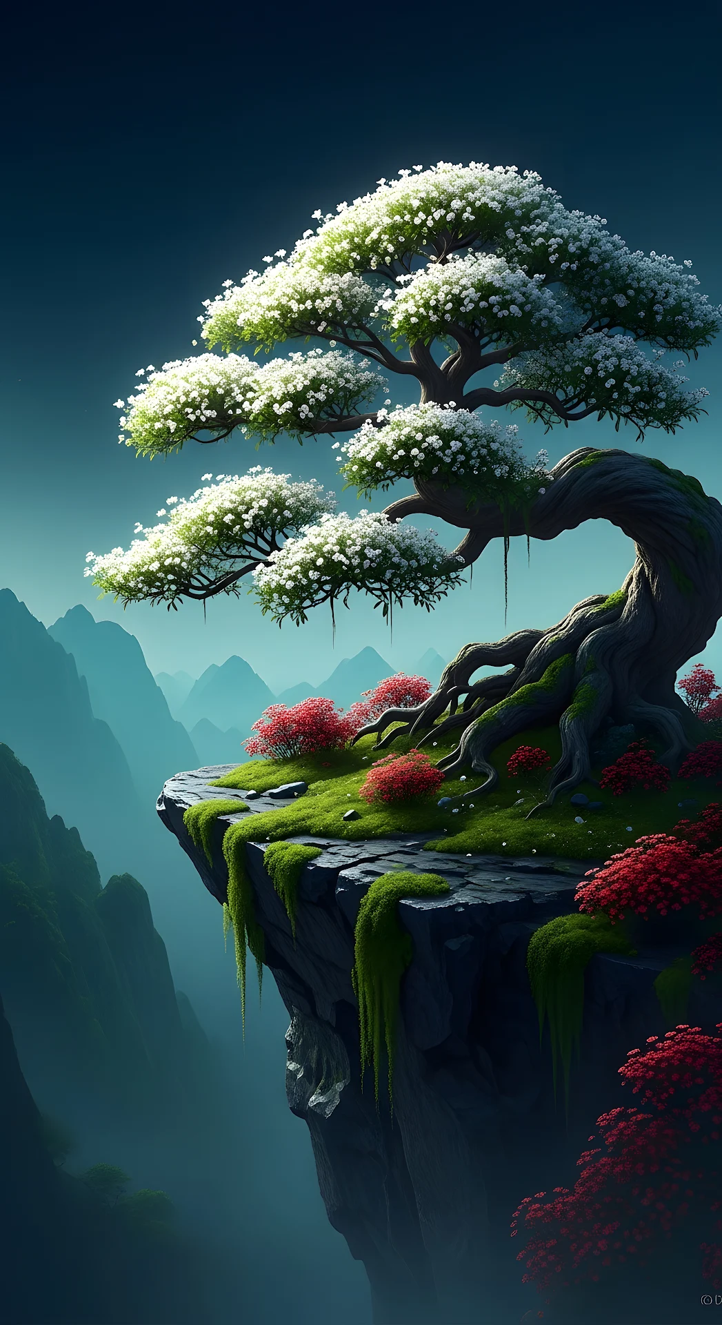 Majestic Flowering Tree Overlooking Blue Mountain Valley - Free 4K mobile Wallpaper
