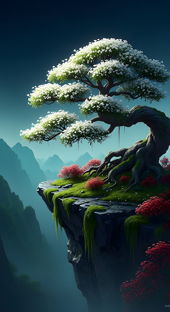 Majestic Flowering Tree Overlooking Blue Mountain Valley - Free mobile Wallpaper