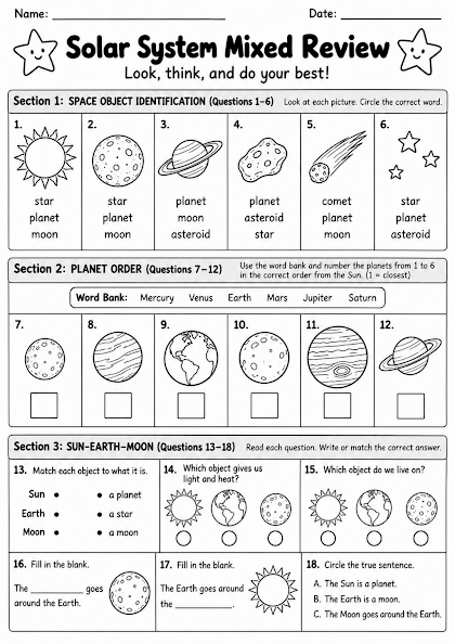Solar System Mixed Review Worksheet