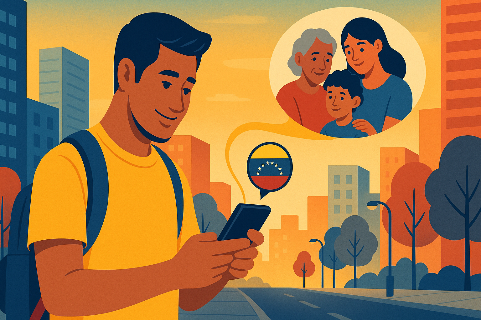 Venezolano enviando dinero desde el exterior con app de remesas y bandera de Venezuela
