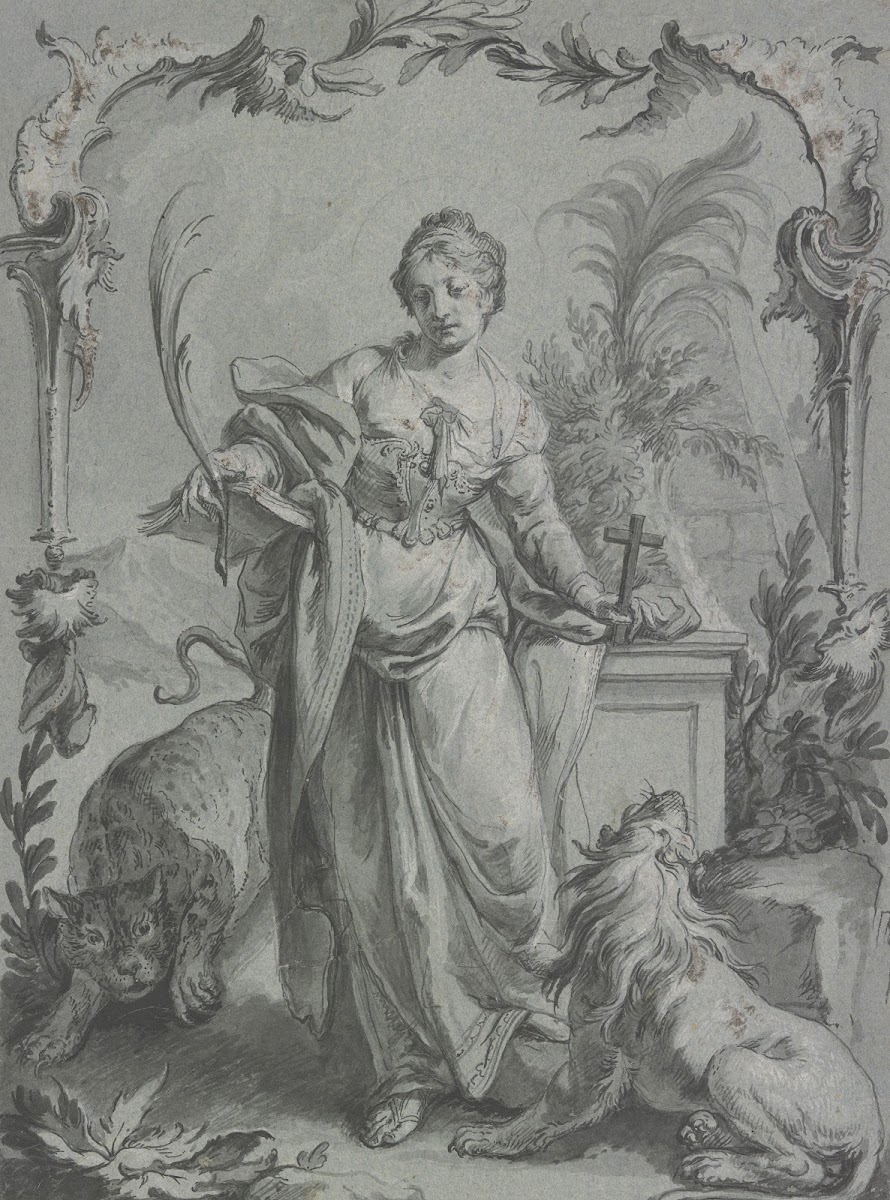 Die Heilige Euphemia mit Kreuz und Palme vor einem Altar stehend
