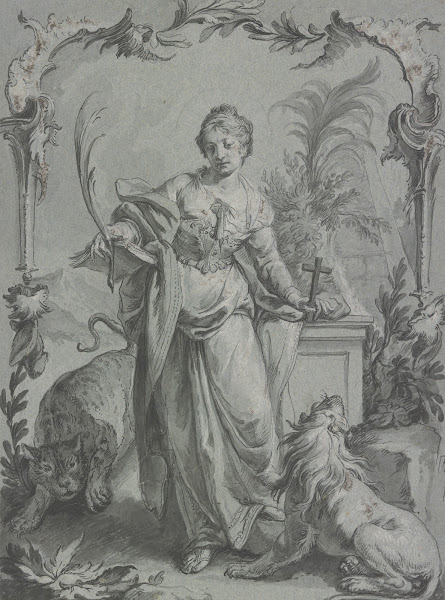 Die Heilige Euphemia mit Kreuz und Palme vor einem Altar stehend