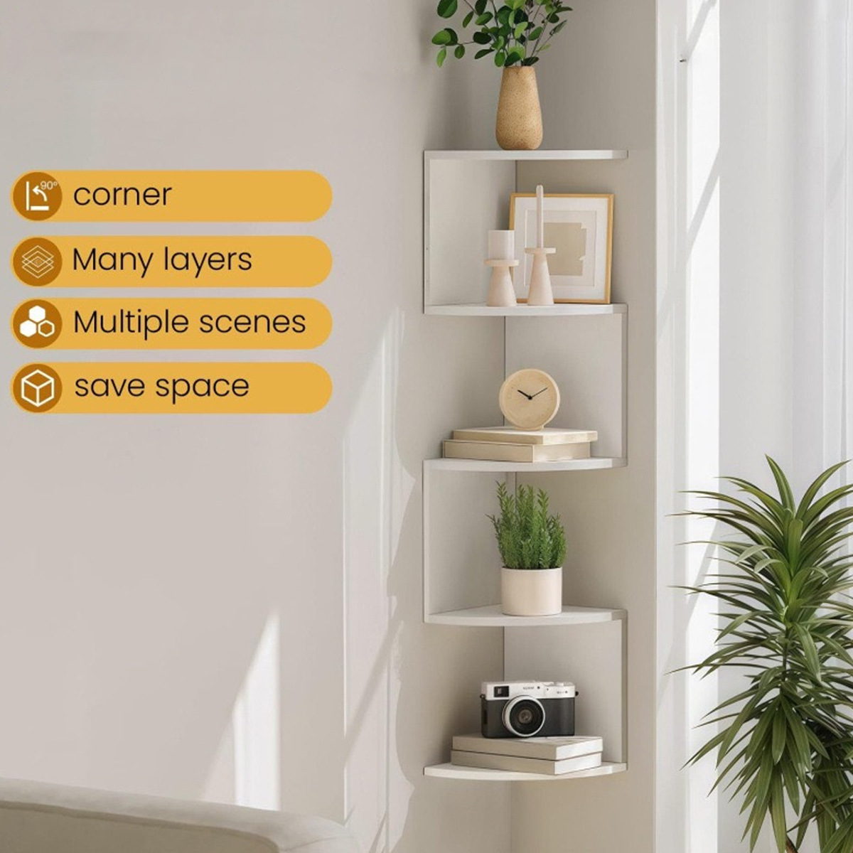 Corner wall shelf made of dense plywood, multi-layered