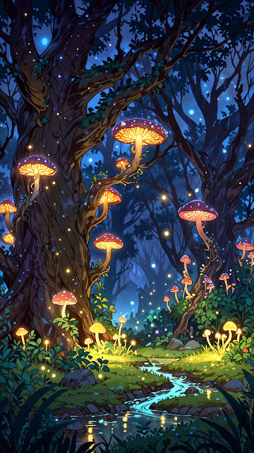Glowing Mushrooms in Enchanted Night Forest - Free mobile Wallpaper