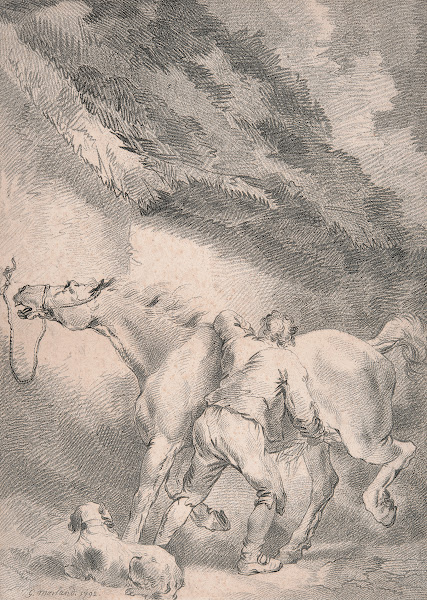 Groom rubbing down a horse