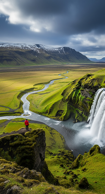 Wide Landscape of Skógafoss Waterfall with River and Figure on a Cliff Overlooking Black Sand Plain - Free mobile Wallpaper