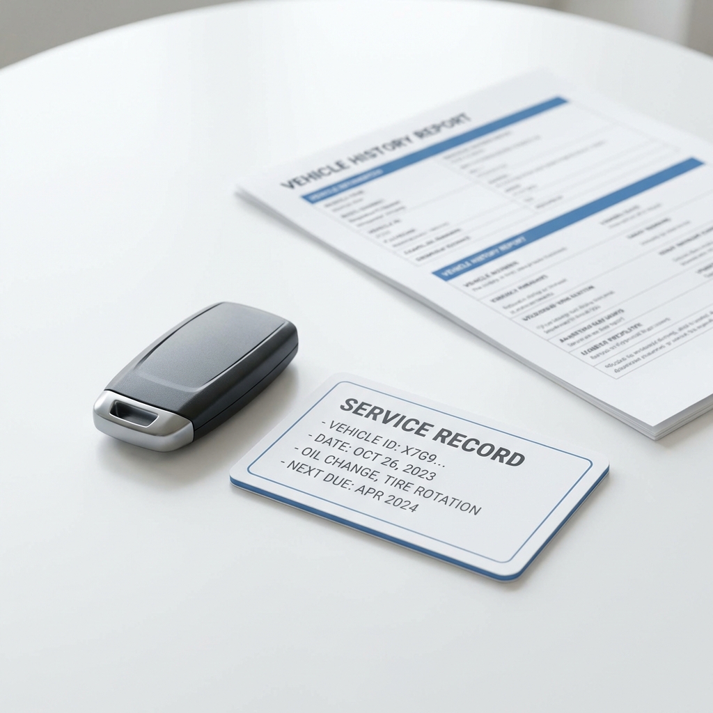 Close up of service record and key fob on white table with printed vehicle history report softly out of focus minimalist CarFax Deals blue accents porsche cayenne for sale