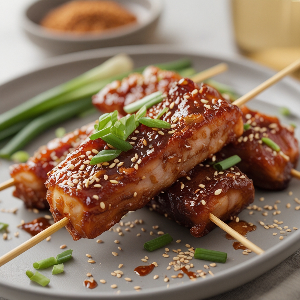 Final Crispy Korean Kimchi Glazed Pork Belly Skewers with Sesame Crunch