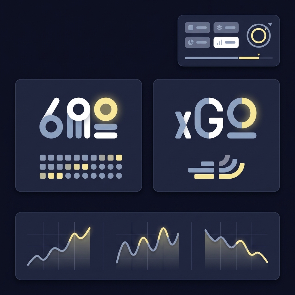 Minimalist 2D vector dashboard comparing counts versus xG totals with small model validation panel and rolling window charts Using Shot Quality Instead of Shot Count
