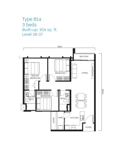 Stellaris Riana Dutamas Type B1A floor plan — 904 sq ft, 3 bedrooms